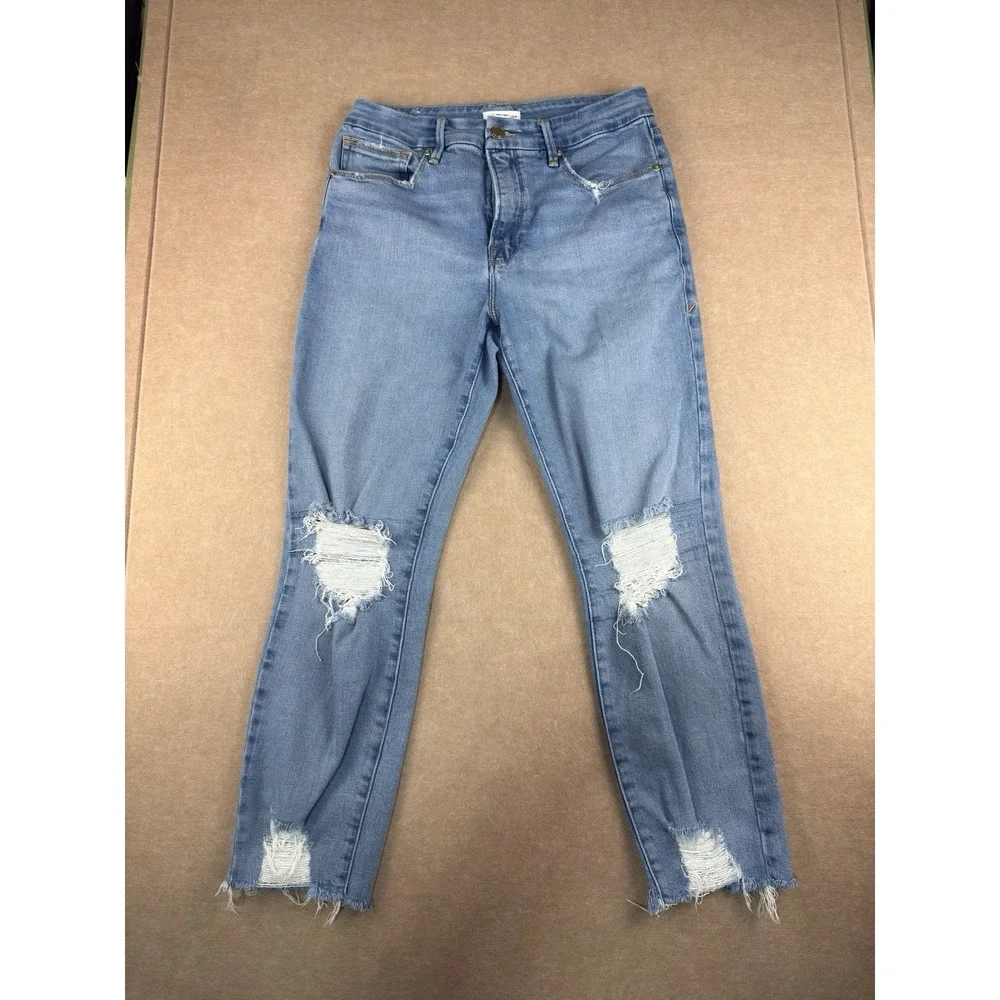 Good American Jeans Women's Size 10/30 Blue Distressed Raw Hem‎ Mid Rise Denim